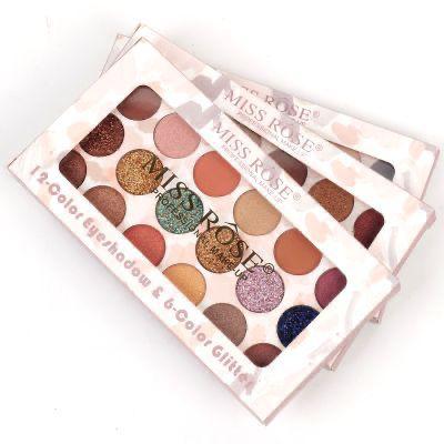 Miss Rose 18-Color Eye Kit – 12 Shades & 6 Glitter Eyeshadows–Pigmented Shades with Glitter Finish.